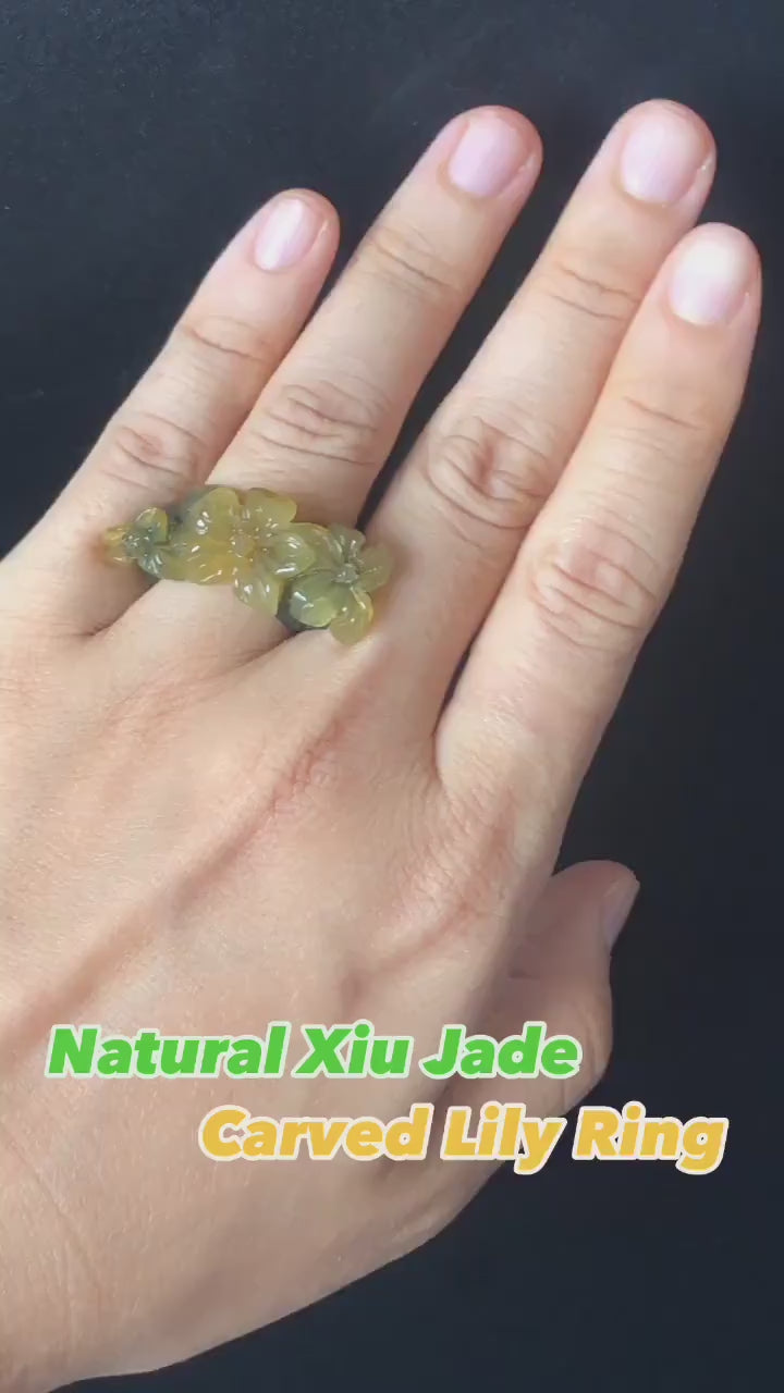 Natural Xiu Jade Serpentine Hand Carved Lily Flower Blooming Ring | 16mm (US 5.5-6) | Icy Green and Yellow | Crystal Stone Gemstone Ring