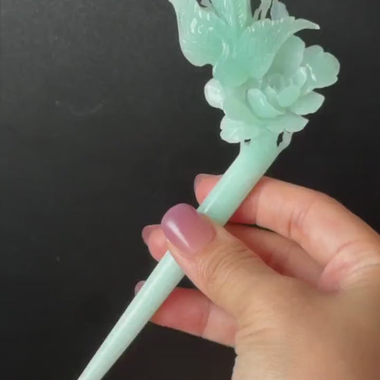 Xiu Jade Serpentine Hand Carved Blue Longevity Bird & Peony Hair Pin: Natural Certified Frosty Blue Jade Hanfu Hair Stick 3D Stone Carving