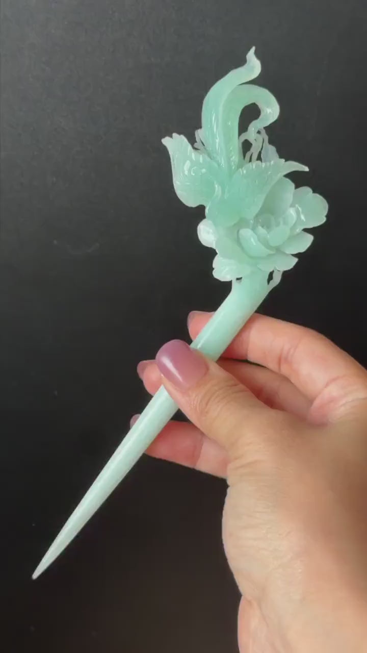 Xiu Jade Serpentine Hand Carved Blue Longevity Bird & Peony Hair Pin: Natural Certified Frosty Blue Jade Hanfu Hair Stick 3D Stone Carving