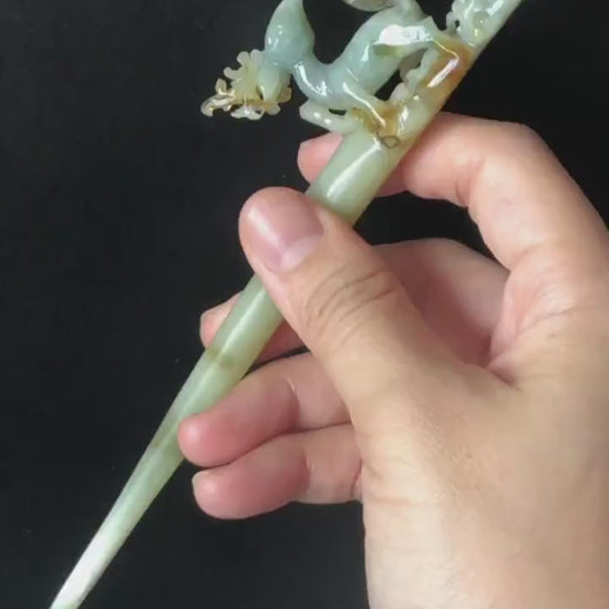 Certificate Xiu Jade Serpentine Hand Carved Deer with Pine Tree & Moon Hair Pin