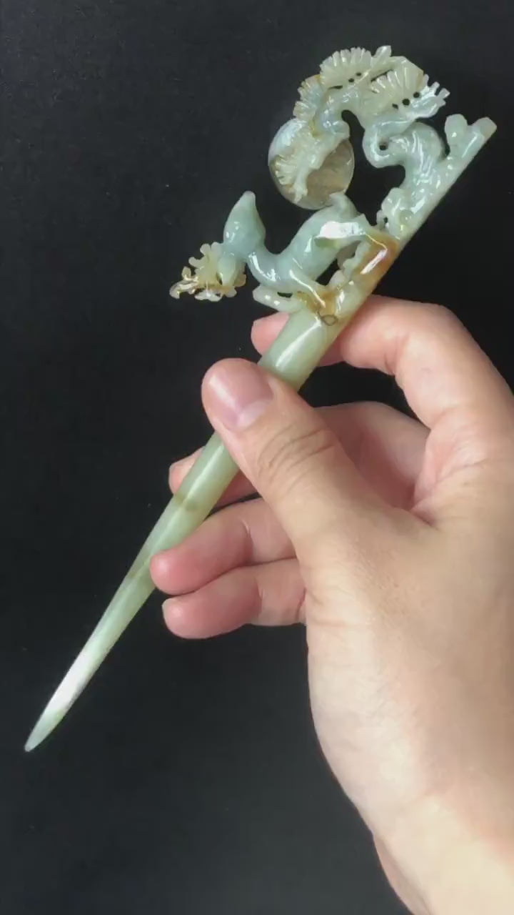 Certificate Xiu Jade Serpentine Hand Carved Deer with Pine Tree & Moon Hair Pin