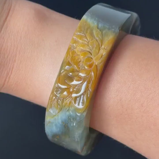 57.5mm Xiu Jade Serpentine Hand Carved Peony Flowers Bangle: Natural Black Jade Handcrafted Bracelet, 3D Stone Carving Gemstone Jewelry
