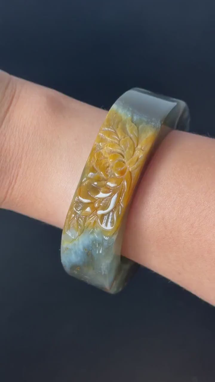 57.5mm Xiu Jade Serpentine Hand Carved Peony Flowers Bangle: Natural Black Jade Handcrafted Bracelet, 3D Stone Carving Gemstone Jewelry