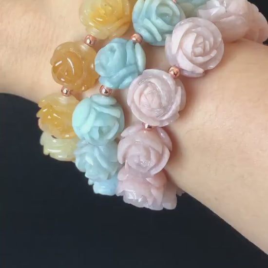 Natural SheTaicui Jade (Quartzite) carved icy Rose crystal charms Bracelet | Yellow Pinapple, Blue Sky, Sakura Pink | Personalized Gift