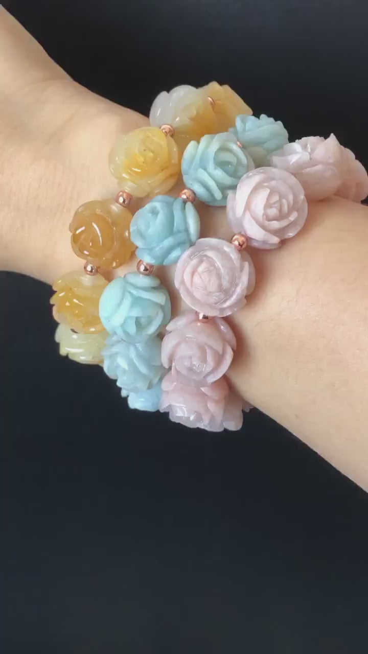 Natural SheTaicui Jade (Quartzite) carved icy Rose crystal charms Bracelet | Yellow Pinapple, Blue Sky, Sakura Pink | Personalized Gift