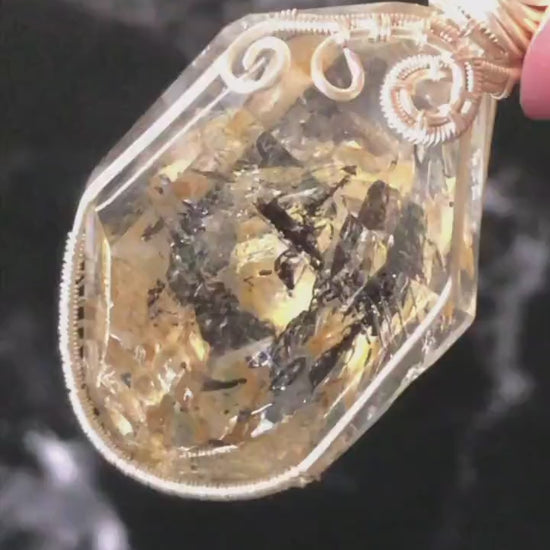 Yellow Enhydro Quartz (Herkimer Diamond) Pendant Adjustable Necklace: Rare Moving Yellow & Black Sand with Bubbles Inclusion