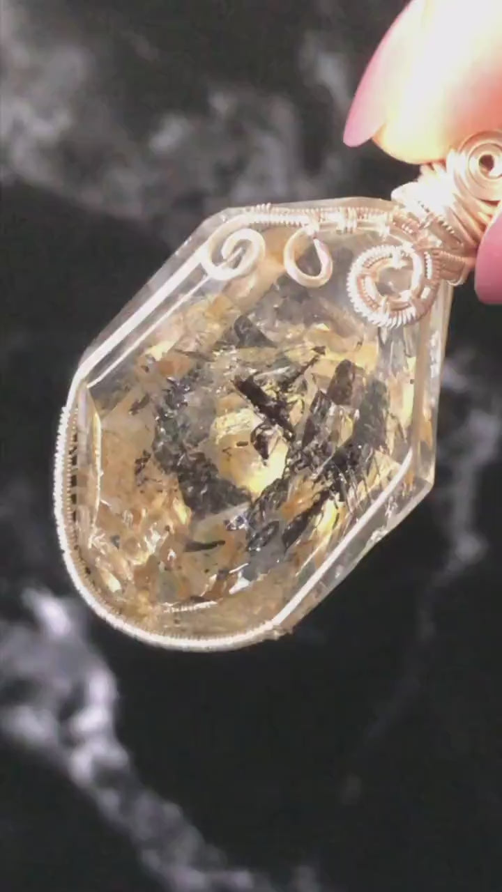 Yellow Enhydro Quartz (Herkimer Diamond) Pendant Adjustable Necklace: Rare Moving Yellow & Black Sand with Bubbles Inclusion