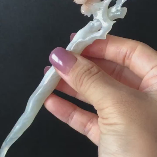 Certified Natural Serpentine Jade Hand Carved Bird with Flowers Hair Pin | White & Coral Pink Jade Hair Stick | Asian Vintage Hair Fork Gift