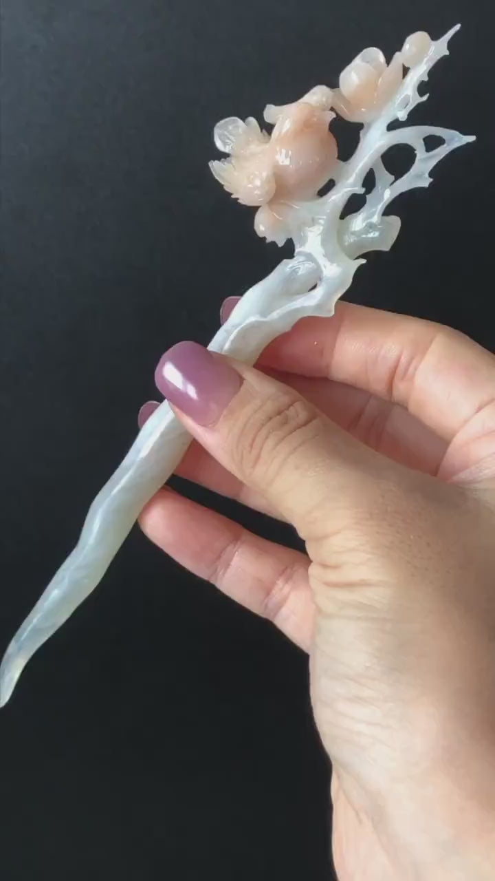 Certified Natural Serpentine Jade Hand Carved Bird with Flowers Hair Pin | White & Coral Pink Jade Hair Stick | Asian Vintage Hair Fork Gift