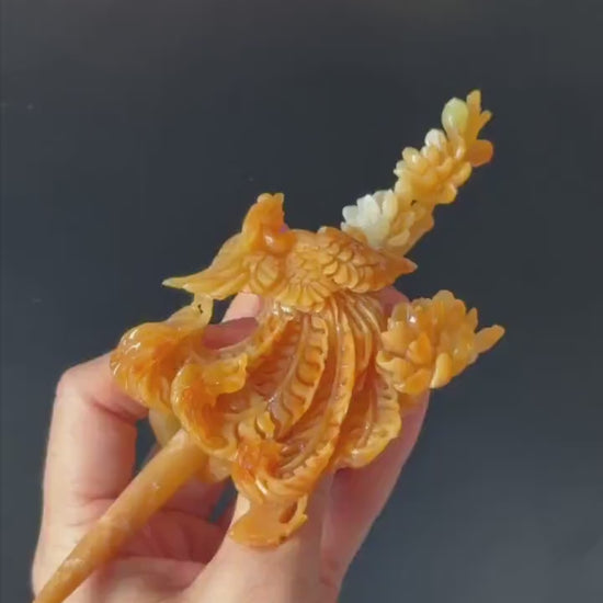 Xiu Jade (Serpentine) Hand Carved Fire Phoenix & Peony Hair Pin: Natural Certified Red Jade Handcrafted Hanfu Hair Stick, Bridal Headpiece