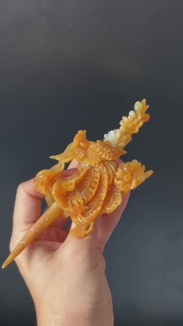 Xiu Jade (Serpentine) Hand Carved Fire Phoenix & Peony Hair Pin: Natural Certified Red Jade Handcrafted Hanfu Hair Stick, Bridal Headpiece