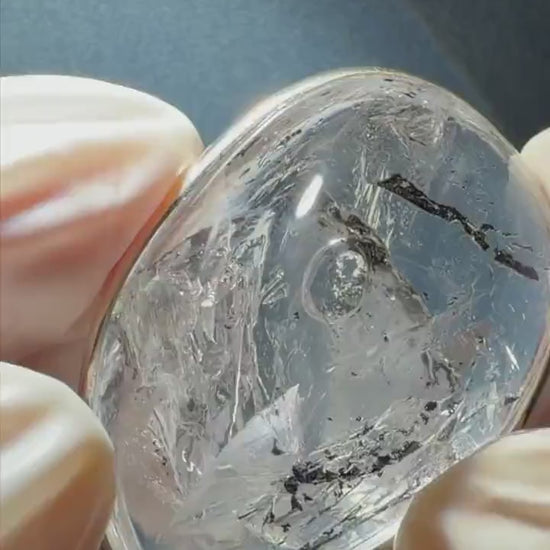 Rare Found Polished Enhydro Quartz (Herkimer Diamond) S925 Silver Cabochon Waterdrop Pendant Necklace: Moving Black & White Sand with Bubble