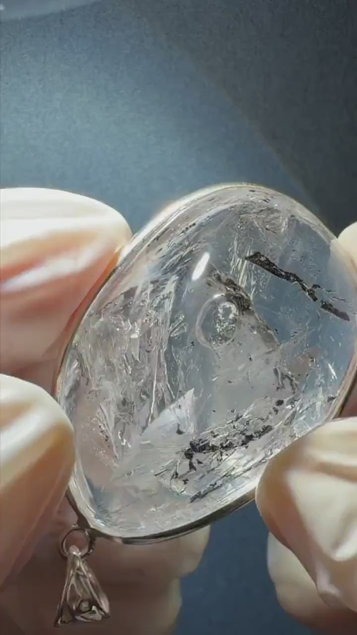 Rare Found Polished Enhydro Quartz (Herkimer Diamond) S925 Silver Cabochon Waterdrop Pendant Necklace: Moving Black & White Sand with Bubble