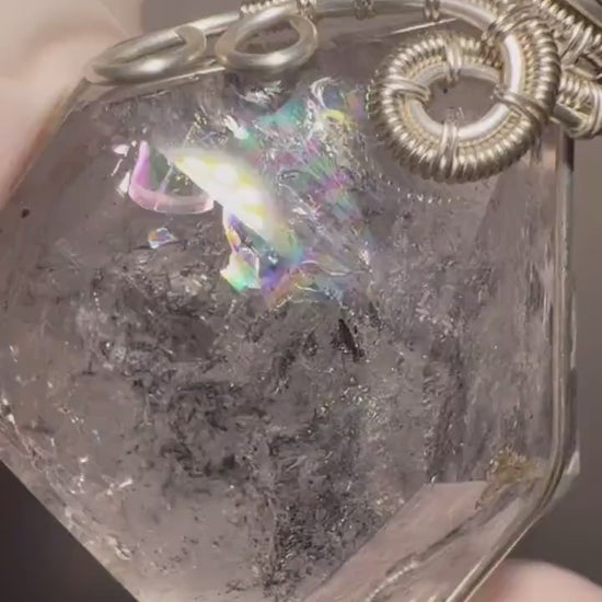 Polished Rainbow Enhydro Quartz (Herkimer Diamond) Pendant Necklace: Sand Waterfall! Moving Sand & Water Bubble Inclusion Crystal
