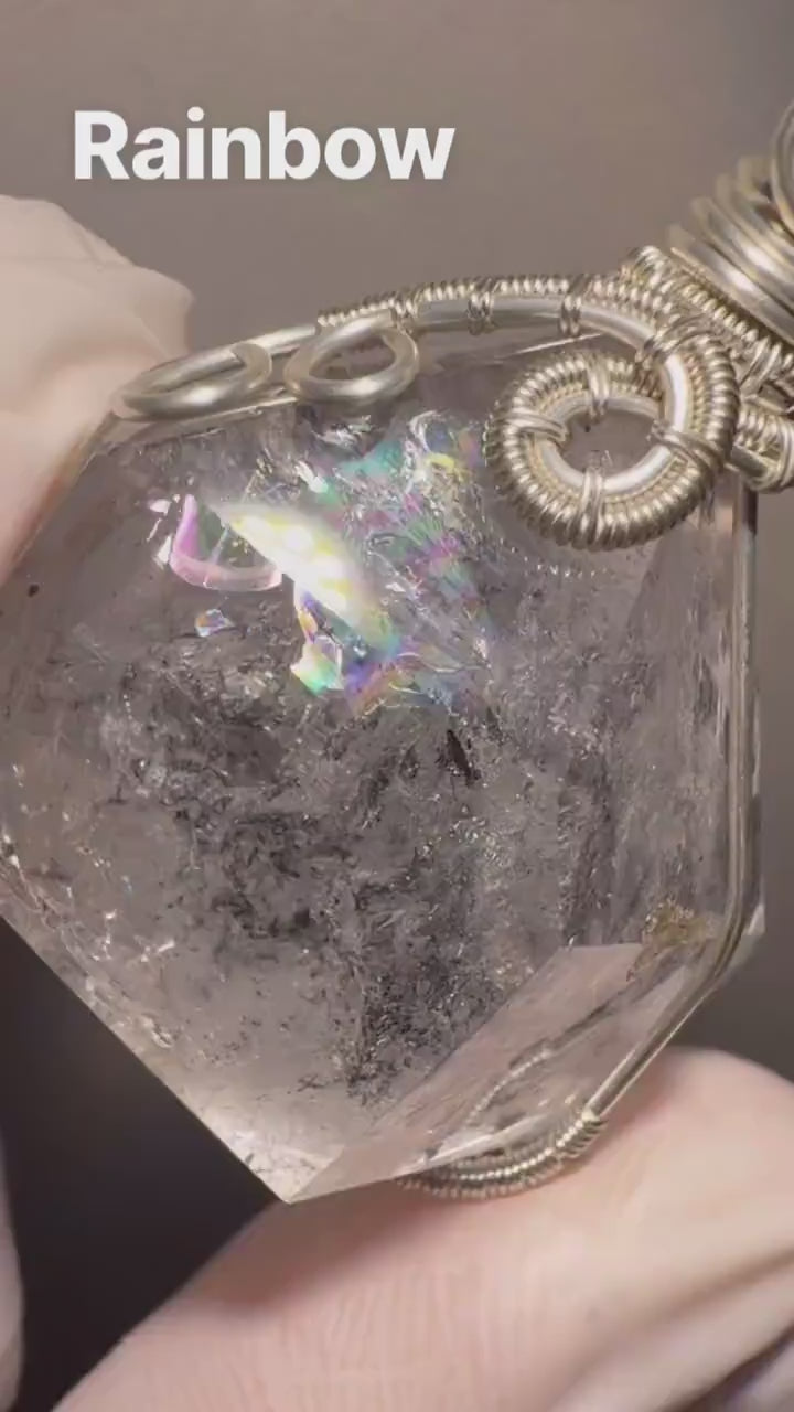 Polished Rainbow Enhydro Quartz (Herkimer Diamond) Pendant Necklace: Sand Waterfall! Moving Sand & Water Bubble Inclusion Crystal