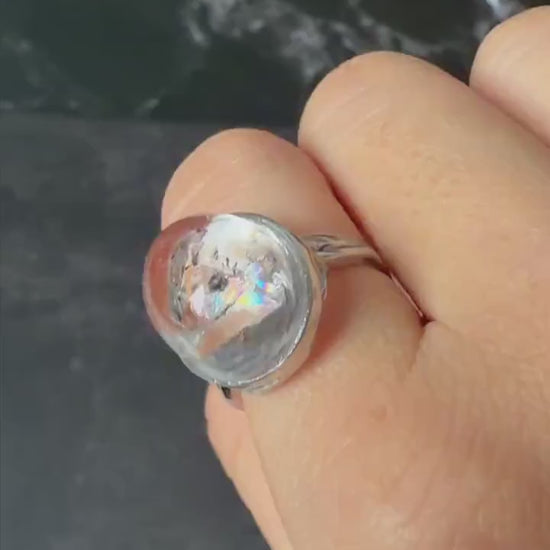 Rare Polished Enhydro Quartz (Herkimer Diamond) s925 Silver Adjustable Ring: Rainbow! Flowing Black Mica & Shifting Bubble Inclusion Crystal