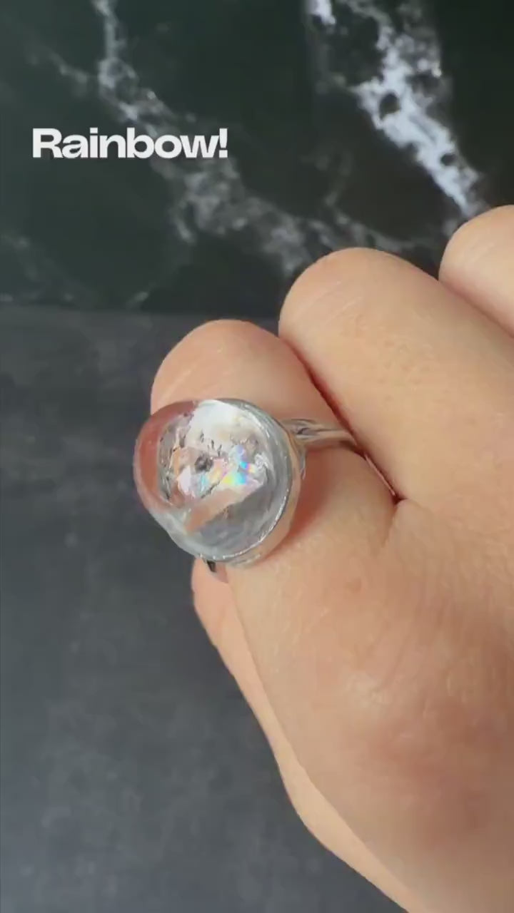Rare Polished Enhydro Quartz (Herkimer Diamond) s925 Silver Adjustable Ring: Rainbow! Flowing Black Mica & Shifting Bubble Inclusion Crystal