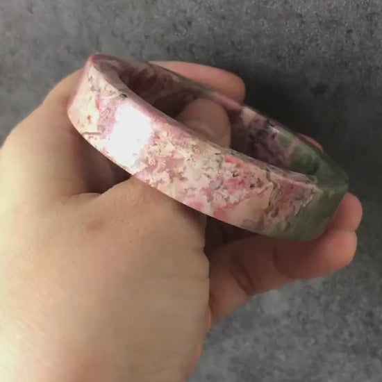 52.4mm High Quality Natural Rhodonite Bangle Bracelet | Matcha Green with Pink | Blooming flowers | Sweet and Poetic | Baby's breath flowers