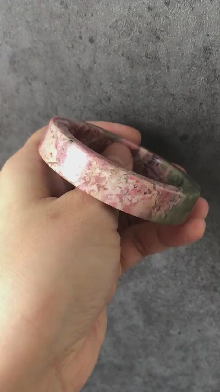 52.4mm High Quality Natural Rhodonite Bangle Bracelet | Matcha Green with Pink | Blooming flowers | Sweet and Poetic | Baby's breath flowers