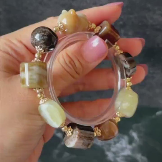 Nephrite Jade Hand Carved Kitten Charm Bracelet | Milk Tea Cat | Untreated Natural White Jade Brown Jade Elastic Big Bead Bracelet Gift