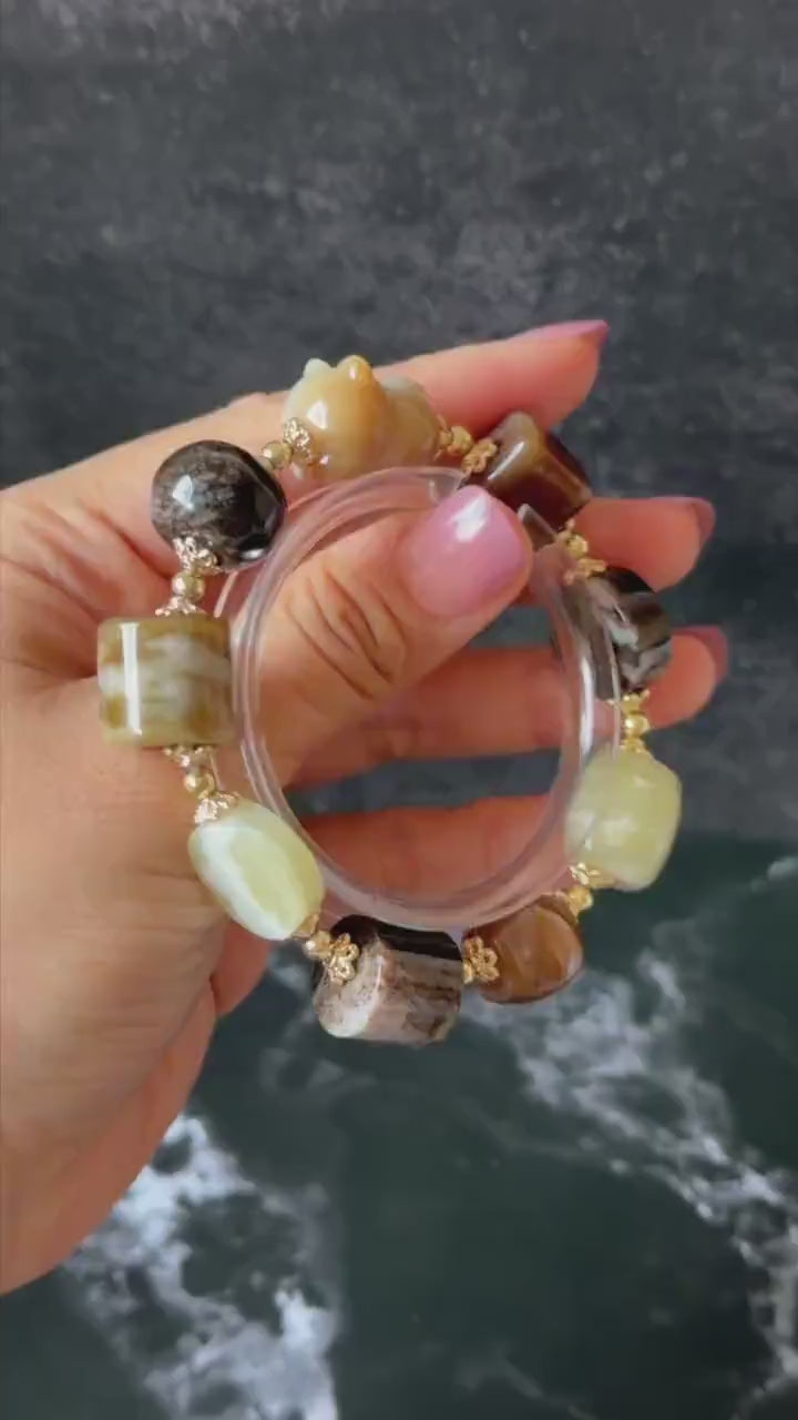 Nephrite Jade Hand Carved Kitten Charm Bracelet | Milk Tea Cat | Untreated Natural White Jade Brown Jade Elastic Big Bead Bracelet Gift