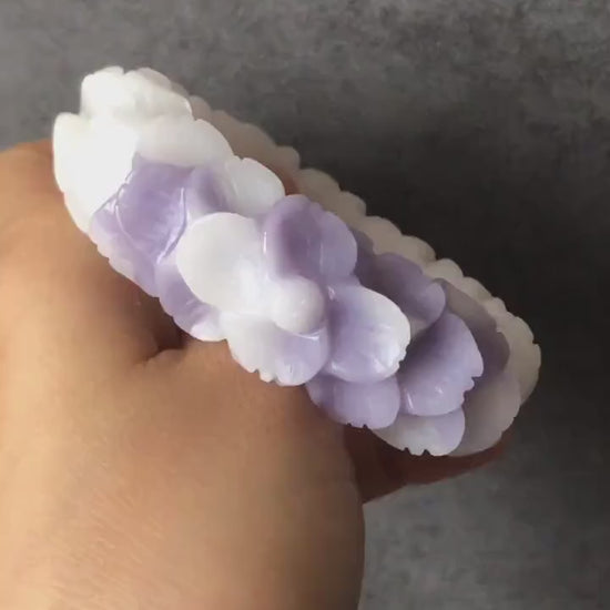 58.1mm Custom Size Natural SheTaiCui Jade (Quartzite) Hand Carved Flower Bangle | Purple & White | Crystal Bracelet | Gemstone Jewellery