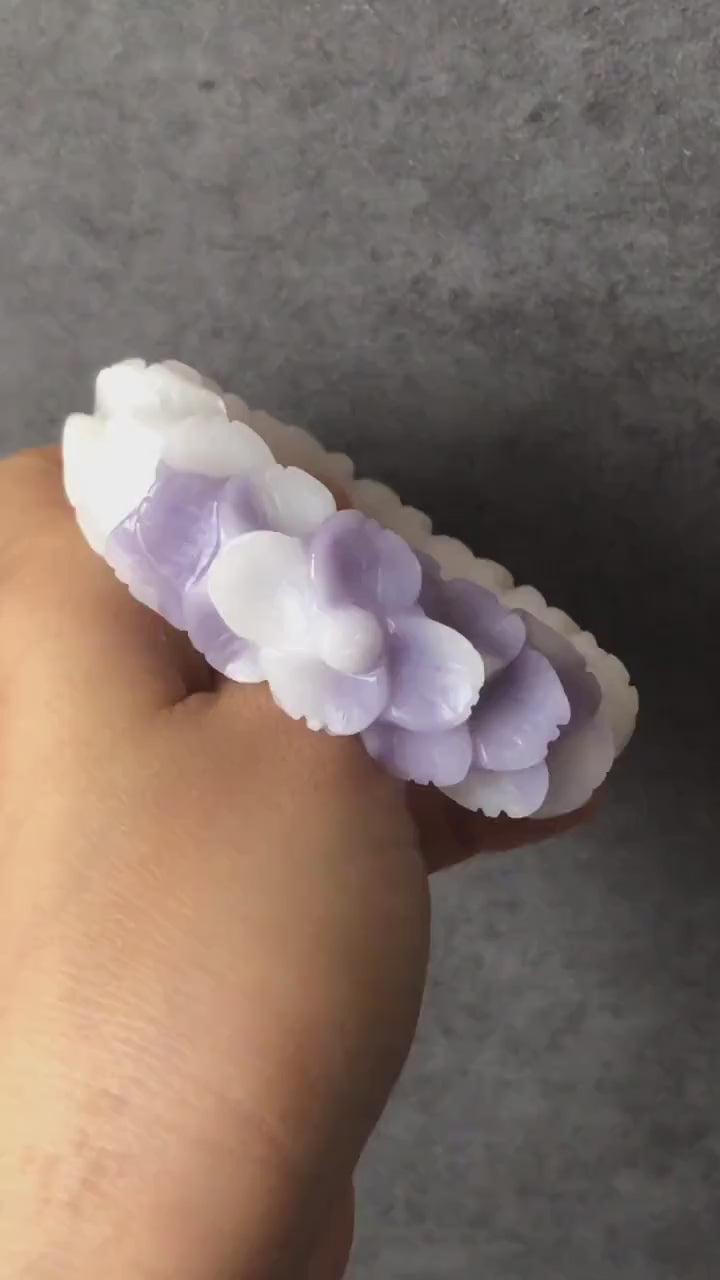 58.1mm Custom Size Natural SheTaiCui Jade (Quartzite) Hand Carved Flower Bangle | Purple & White | Crystal Bracelet | Gemstone Jewellery