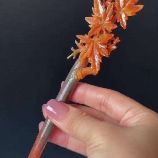 Xiu Jade Serpentine Hand Carved Autume Leaves Maple Hair Stick: Natural Multicolor Brown Red Jade Hanfu Hairpin, Vintage Hanfu Hair Jewelry