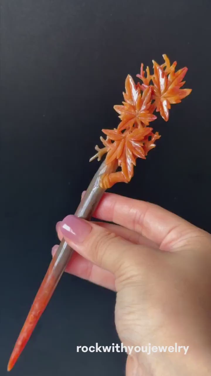 Xiu Jade Serpentine Hand Carved Autume Leaves Maple Hair Stick: Natural Multicolor Brown Red Jade Hanfu Hairpin, Vintage Hanfu Hair Jewelry
