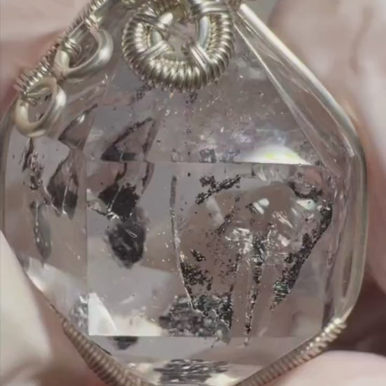 Polished Enhydro Quartz (Herkimer Diamond) Pendant Necklace | Rainbow! 2 Sites of Moving Sand & Clear Bubble Inclusion Crystal