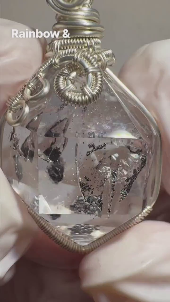 Polished Enhydro Quartz (Herkimer Diamond) Pendant Necklace | Rainbow! 2 Sites of Moving Sand & Clear Bubble Inclusion Crystal