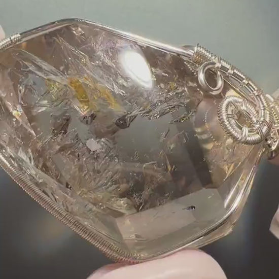 Polished Smoky Enhydro Quartz (Herkimer Diamond) Pendant Adjustable Necklace: Rare Moving Yellow Sand & Bubble Inclusion Crystal