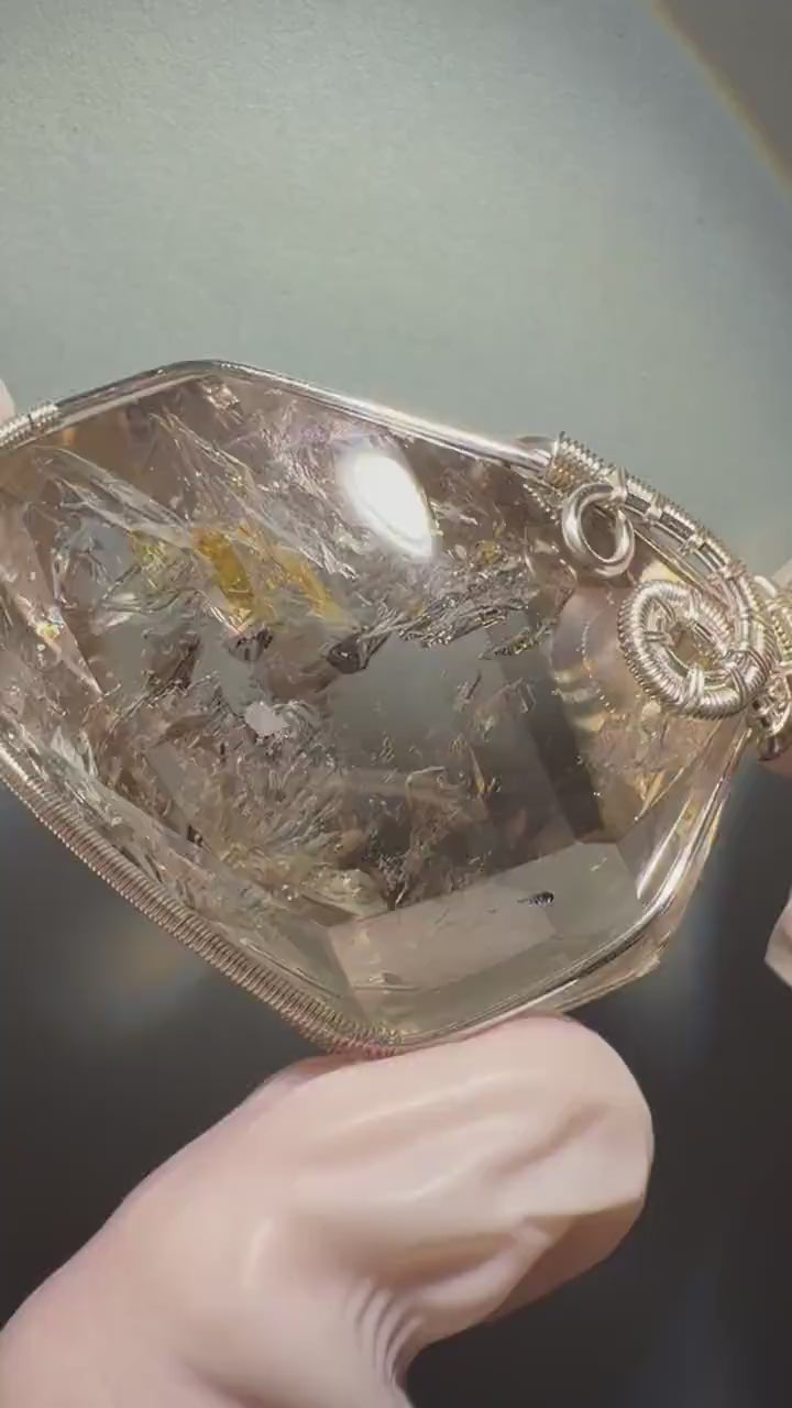 Polished Smoky Enhydro Quartz (Herkimer Diamond) Pendant Adjustable Necklace: Rare Moving Yellow Sand & Bubble Inclusion Crystal