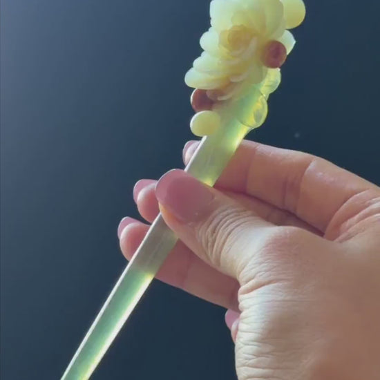 Xiu Jade Camellia Flower Hand Carved Hair Pin: Certified Natural Serpentine Multicolor Orange Green White Jade Handcrafted Hanfu Hair Stick