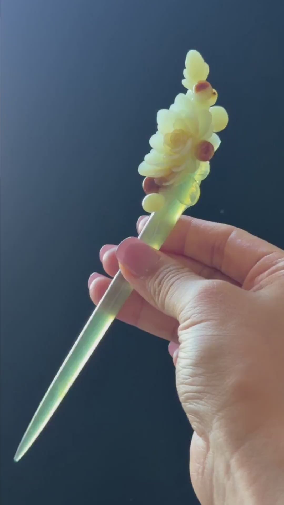 Xiu Jade Camellia Flower Hand Carved Hair Pin: Certified Natural Serpentine Multicolor Orange Green White Jade Handcrafted Hanfu Hair Stick