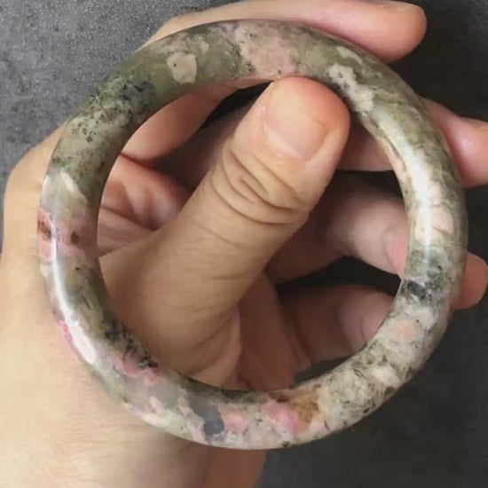 53mm Natural Rhodonite Stone Bangle Bracelet | Peach Forest | Matcha Green & Pink | Crystal Gemstone Bangle | Healing Crystal For Women