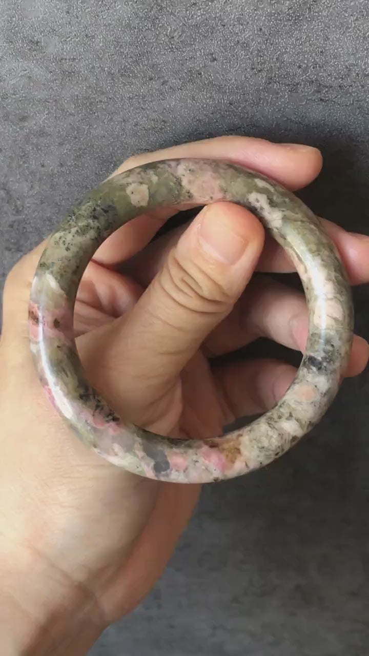 53mm Natural Rhodonite Stone Bangle Bracelet | Peach Forest | Matcha Green & Pink | Crystal Gemstone Bangle | Healing Crystal For Women