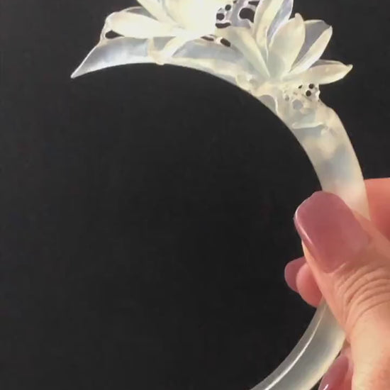 Certified Natural Xiu Jade Serpentine Hand Carved Yulan Flower Hair Pin | Ice White Jade