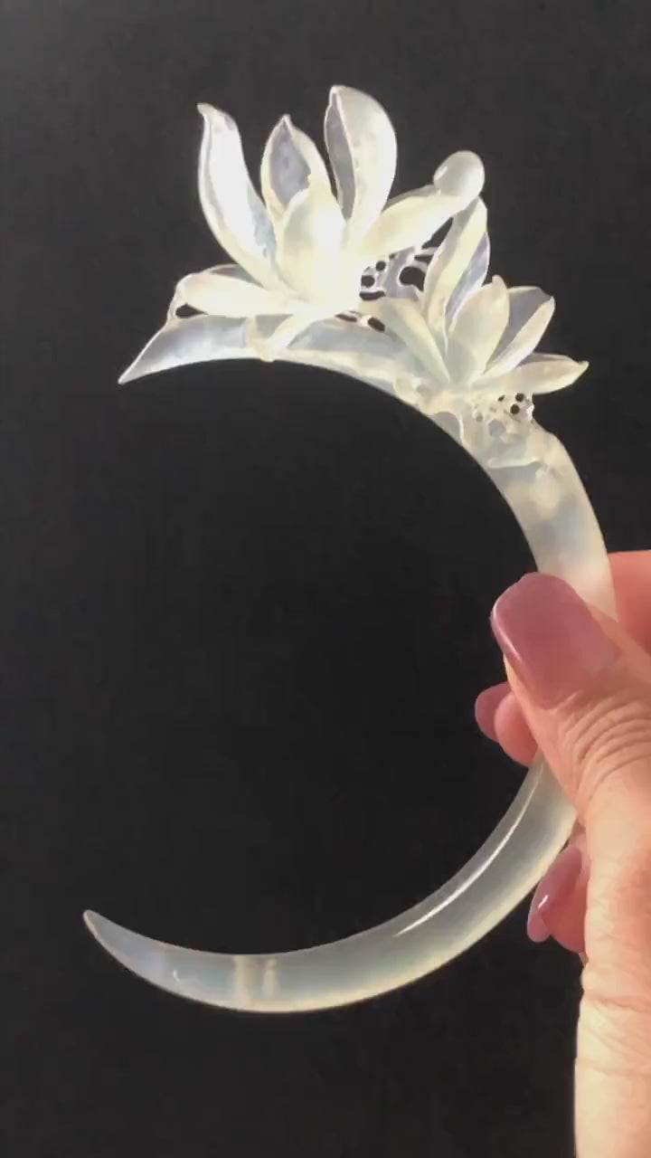 Certified Natural Xiu Jade Serpentine Hand Carved Yulan Flower Hair Pin | Ice White Jade