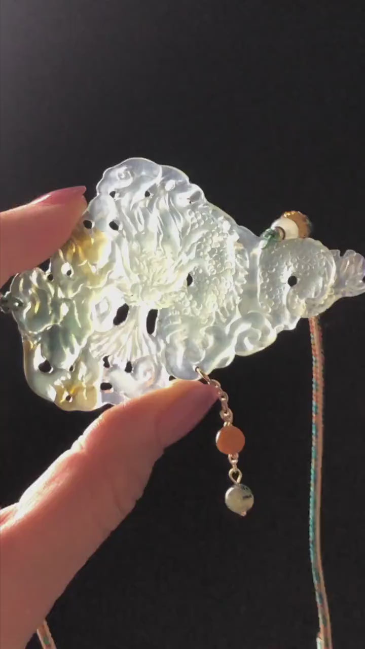 Xiu Jade Serpentine Dragon Hand Carved Pendant Adjustable Braided Necklace: Natural Bluish Green, Yellow, White Jade Handcrafted Charm