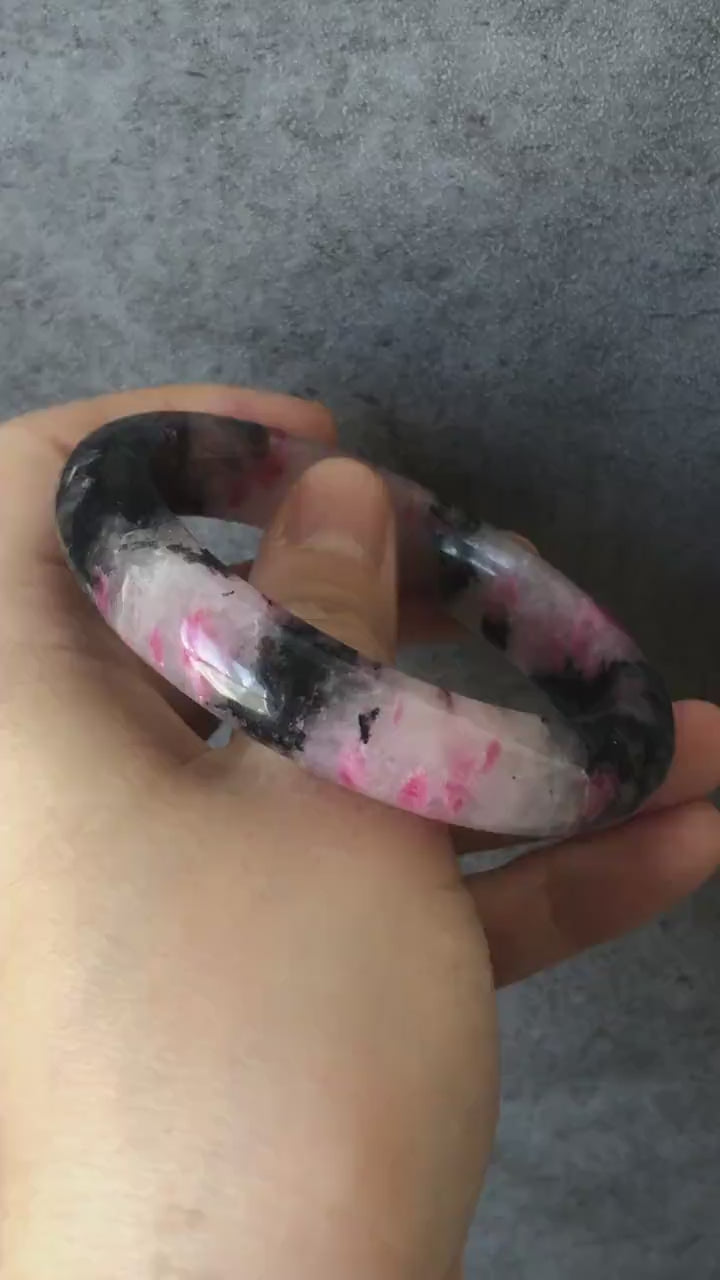 56.6mm Natural Rhodonite Stone Bangle | Milky Pink Plum Cherry Blossom Sakura Rain | Chinese Painting Danqing | Healing Crystal Bracelet