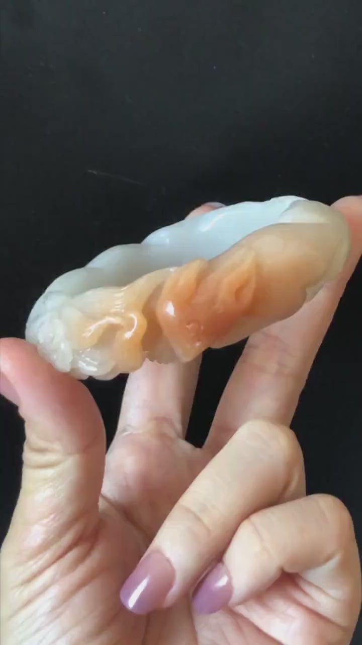 57-60mm Quartzite (She Taicui jade) Hand Carved Nine-tailed Fox Flower Stone Bangle: Natural Handcrafted Milky Coral Sands White Bracelet