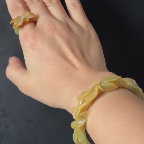 56.2mm Xiu Jade Serpentine Hand Carved Lily flowers Bangle & Ring Set: Natural Yellow Green Jade Handcrafted Bracelet 3D stone carving