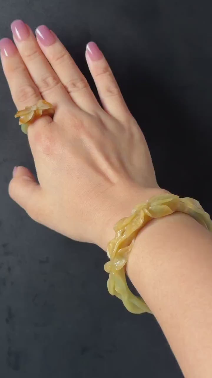56.2mm Xiu Jade Serpentine Hand Carved Lily flowers Bangle & Ring Set: Natural Yellow Green Jade Handcrafted Bracelet 3D stone carving