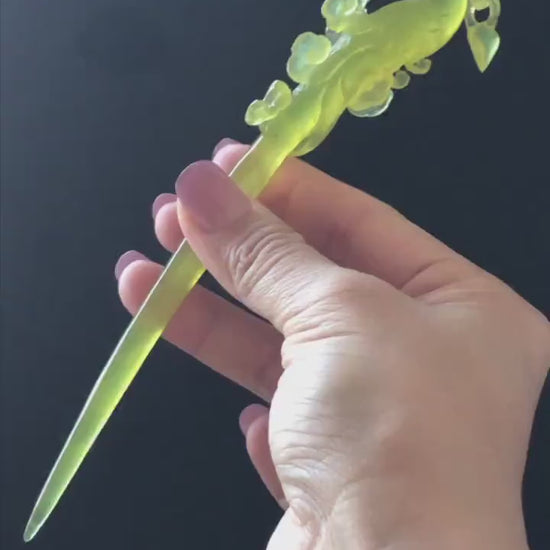 Xiu Jade (Serpentine) Hand Carved Golden Phoenix & Dragon Hair Pin: Natural Ice Yellow Jade Handcrafted Hair Stick 3D Stone Carving