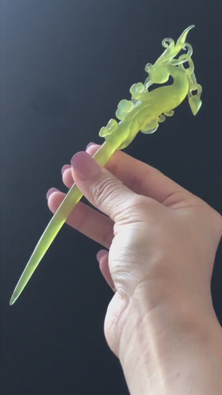 Xiu Jade (Serpentine) Hand Carved Golden Phoenix & Dragon Hair Pin: Natural Ice Yellow Jade Handcrafted Hair Stick 3D Stone Carving