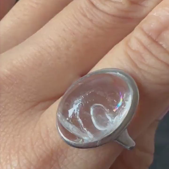 Rare find! Polished Enhydro Quartz (Herkimer Diamond) S925 Silver Adjustable Ring: Rainbow! Moving White Sand & Clear Bubble Statement Ring