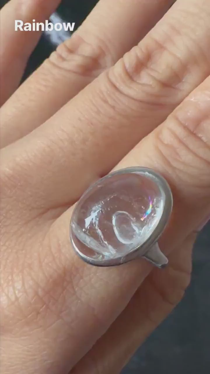 Rare find! Polished Enhydro Quartz (Herkimer Diamond) S925 Silver Adjustable Ring: Rainbow! Moving White Sand & Clear Bubble Statement Ring