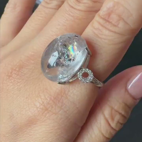Polished Enhydro Quartz (Herkimer Diamond) S925 Silver Adjustable Ring: Big Rainbow! Moving Sand Inclusion Crystal Statement Ring for Women