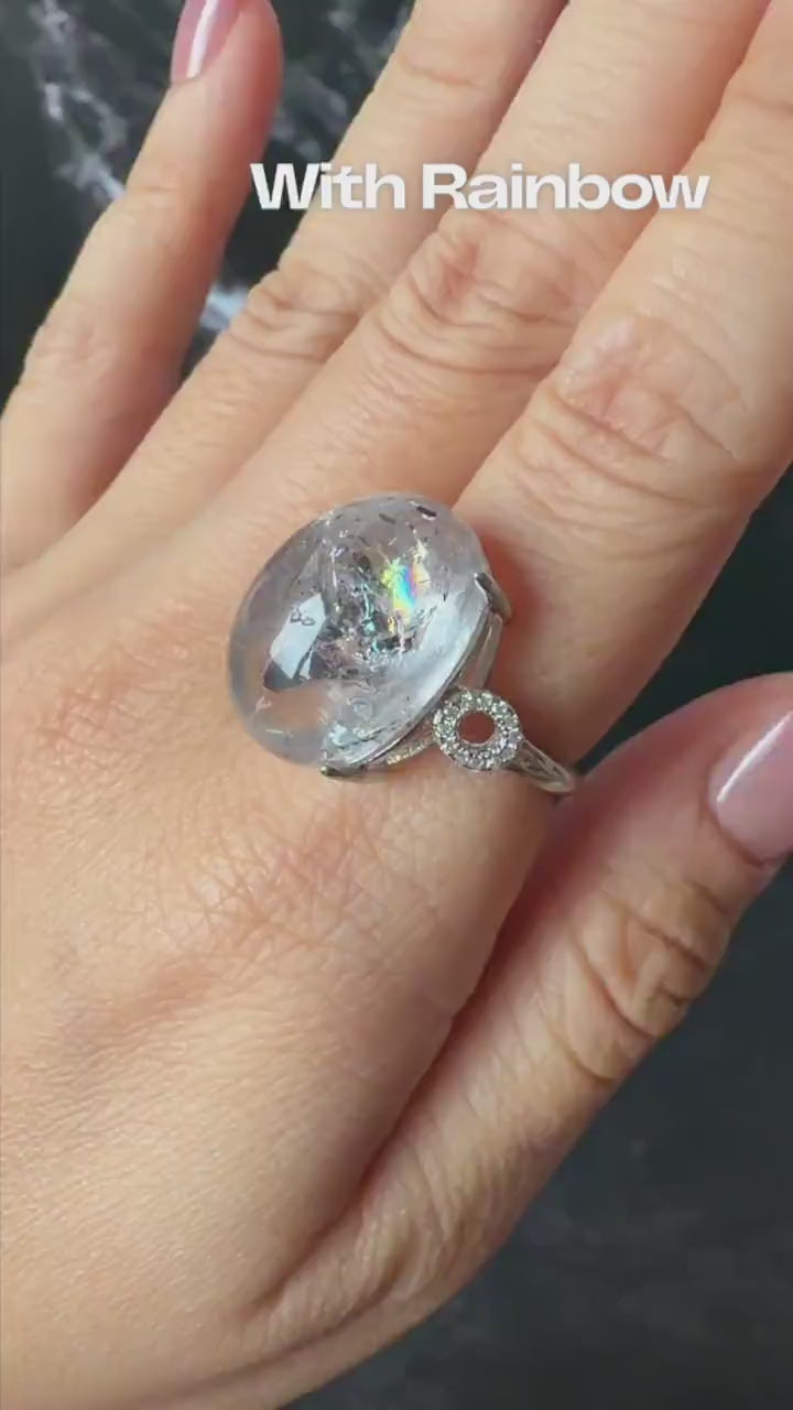 Polished Enhydro Quartz (Herkimer Diamond) S925 Silver Adjustable Ring: Big Rainbow! Moving Sand Inclusion Crystal Statement Ring for Women